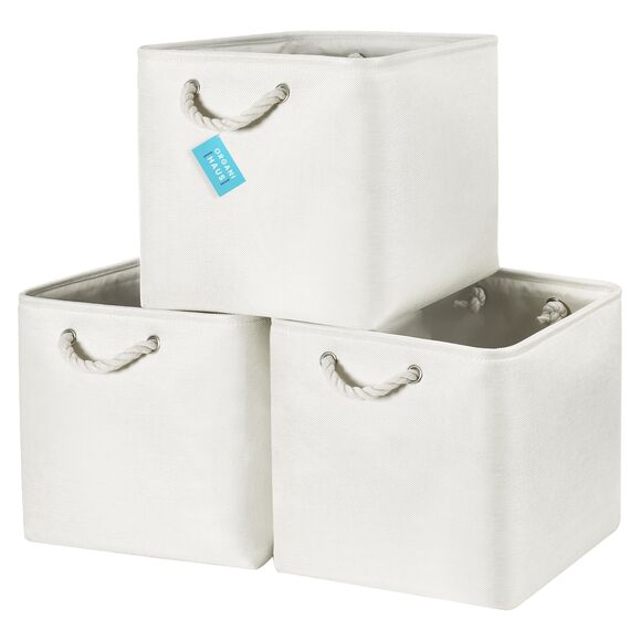 OrganiHaus Aufbewahrungsbox 33x33cm 3er-Set, Würfelkörbe aus Stoff mit Seilgriffen, Faltbare Aufbewahrungswürfel für Kallax Organizer, Ablagekörbe für das Kinderzimmer Elfenbeinweiß