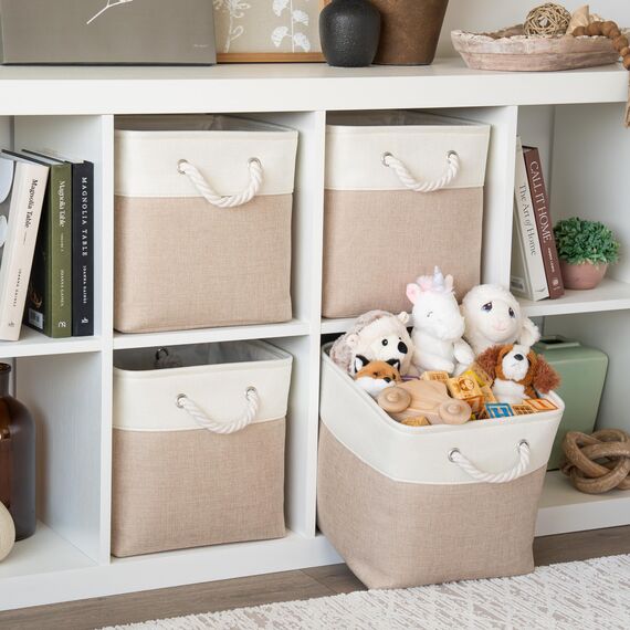 OrganiHaus Aufbewahrungsbox 30x30cm 3er-Set, Würfelkörbe aus Stoff mit Seilgriffen, Faltbare Aufbewahrungswürfel für Kallax Organizer, Ablagekörbe für das Kinderzimmer Beige/Weiß