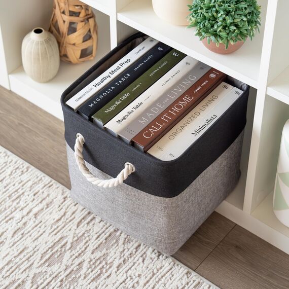 OrganiHaus Aufbewahrungsbox 28x28cm 3er-Set, Würfelkörbe aus Stoff mit Seilgriffen, Faltbare Aufbewahrungswürfel für Kallax Organizer, Ablagekörbe für das Kinderzimmer Grau schwarz