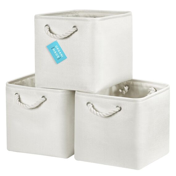 OrganiHaus Aufbewahrungsbox 28x28cm 3er-Set, Würfelkörbe aus Stoff mit Seilgriffen, Faltbare Aufbewahrungswürfel für Kallax Organizer, Ablagekörbe für das Kinderzimmer Elfenbeinweiß