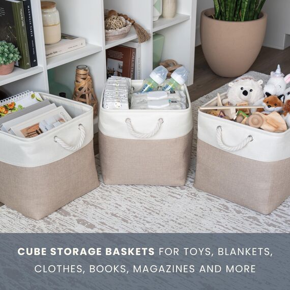 OrganiHaus Aufbewahrungsbox 33x33cm 3er-Set, Würfelkörbe aus Stoff mit Seilgriffen, Faltbare Aufbewahrungswürfel für Kallax Organizer, Ablagekörbe für das Kinderzimmer Beige/Weiß