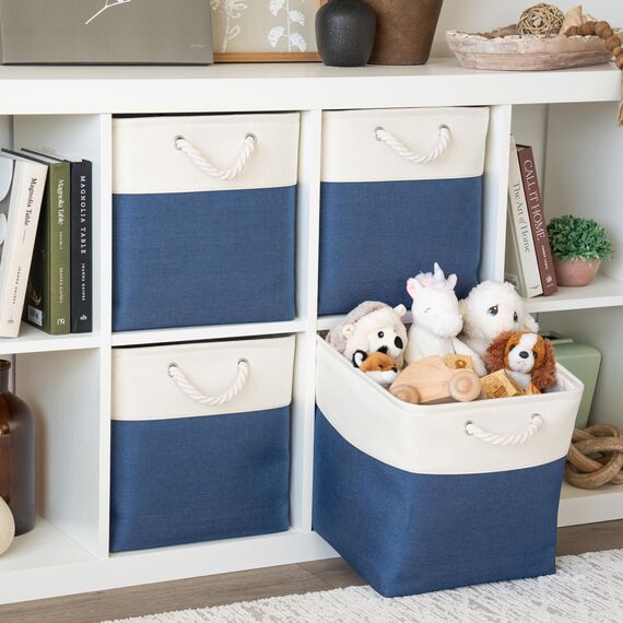 OrganiHaus Aufbewahrungsbox 33x33cm 3er-Set, Würfelkörbe aus Stoff mit Seilgriffen, Faltbare Aufbewahrungswürfel für Kallax Organizer, Ablagekörbe für das Kinderzimmer Navy blau