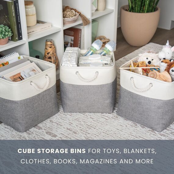 OrganiHaus Aufbewahrungsbox 33x33cm 3er-Set, Würfelkörbe aus Stoff mit Seilgriffen, Faltbare Aufbewahrungswürfel für Kallax Organizer, Ablagekörbe für das Kinderzimmer Grau/Weiß