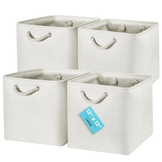 OrganiHaus Aufbewahrungsbox 33x33cm 4er-Set, Würfelkörbe aus Stoff mit Seilgriffen, Faltbare Aufbewahrungswürfel für Kallax Organizer, Ablagekörbe für das Kinderzimmer Elfenbeinweiß