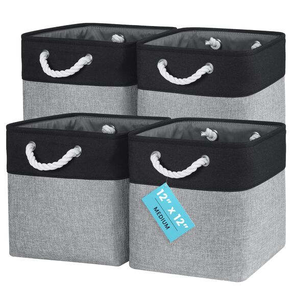 OrganiHaus Aufbewahrungsbox 30x30cm 4er-Set, Würfelkörbe aus Stoff mit Seilgriffen, Faltbare Aufbewahrungswürfel für Kallax Organizer, Ablagekörbe für das Kinderzimmer Grau schwarz