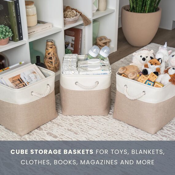 OrganiHaus Aufbewahrungsbox 28x28cm 3er-Set, Würfelkörbe aus Stoff mit Seilgriffen, Faltbare Aufbewahrungswürfel für Kallax Organizer, Ablagekörbe für das Kinderzimmer Beige/Weiß