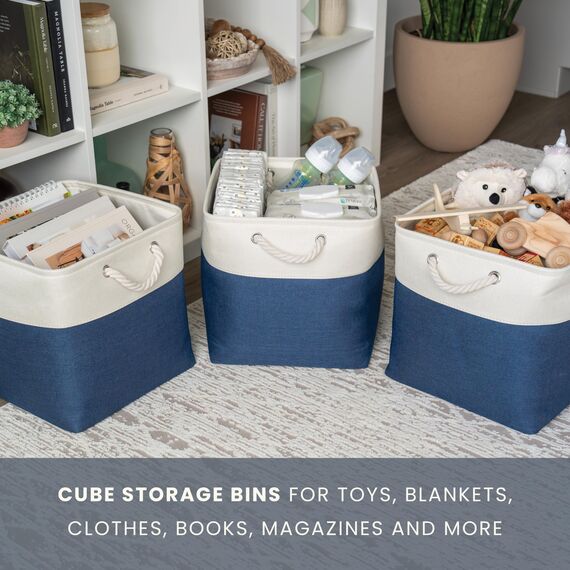 OrganiHaus Aufbewahrungsbox 33x33cm 3er-Set, Würfelkörbe aus Stoff mit Seilgriffen, Faltbare Aufbewahrungswürfel für Kallax Organizer, Ablagekörbe für das Kinderzimmer Navy blau