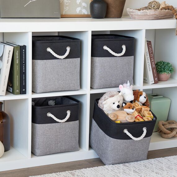 OrganiHaus Aufbewahrungsbox 28x28cm 4er-Set, Würfelkörbe aus Stoff mit Seilgriffen, Faltbare Aufbewahrungswürfel für Kallax Organizer, Ablagekörbe für das Kinderzimmer Grau schwarz