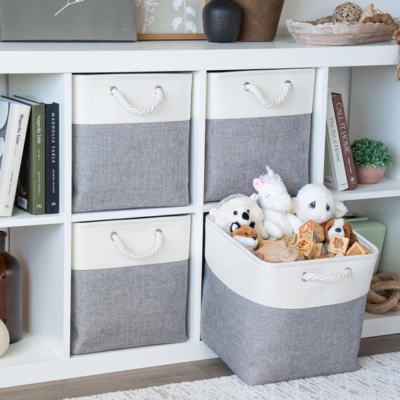 OrganiHaus Aufbewahrungsbox 33x33cm 3er-Set, Würfelkörbe aus Stoff mit Seilgriffen, Faltbare Aufbewahrungswürfel für Kallax Organizer, Ablagekörbe für das Kinderzimmer Grau/Weiß