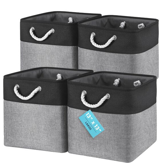 OrganiHaus Aufbewahrungsbox 33x33cm 4er-Set, Würfelkörbe aus Stoff mit Seilgriffen, Faltbare Aufbewahrungswürfel für Kallax Organizer, Ablagekörbe für das Kinderzimmer Grau schwarz