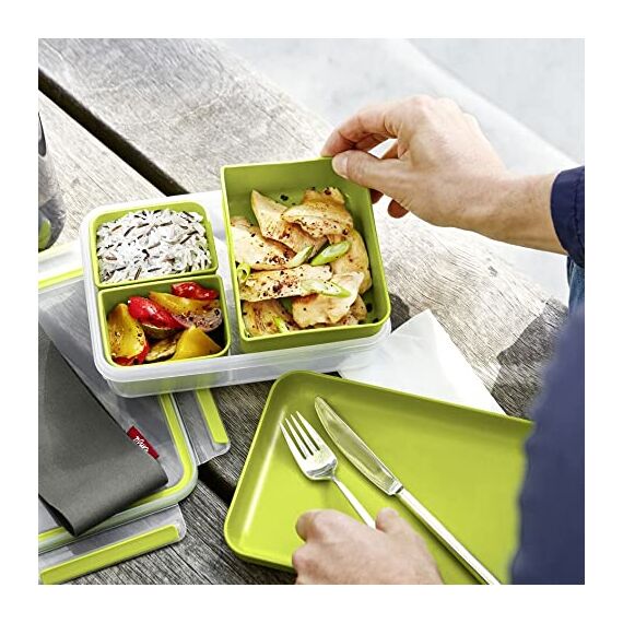 EMSA Clip & Go Lunchbox, 1,2 L, Brotdose mit 3 Einsätzen und Teller, 100 Prozent dicht, mit Frischedichtung, Transparent, Hellgrün, Made in Germany, 518098