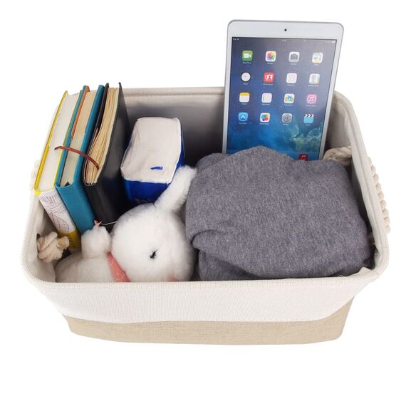 Mangata 3 Stück aufbewahrungskorb Stoff, aufbewahrungsbox Schrank, Korb aufbewahrung Stoff mit Seil für Spielzeug, kleiderschrank, Regale, Kleidung (Faltbare, Mittel, Khaki-Weiß)