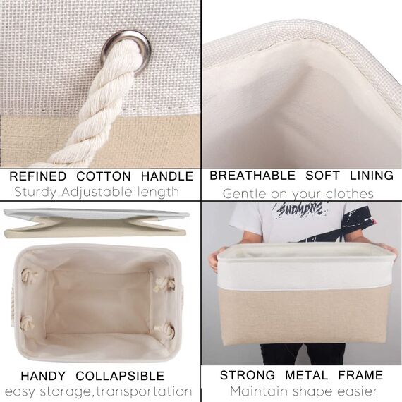 Mangata 3 Stück aufbewahrungskorb Stoff, aufbewahrungsbox groß Schrank, Korb aufbewahrung Stoff mit Seil für Spielzeug, kleiderschrank, Regale, Kleidung (Faltbare,XXL, Khaki-Weiß)