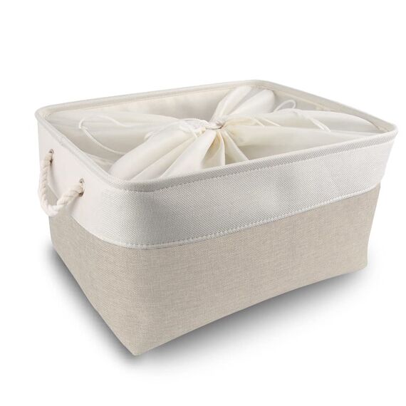 Mangata 3 Stück aufbewahrungskorb Stoff, aufbewahrungsbox groß Schrank, Korb aufbewahrung Stoff mit Seil für Spielzeug, kleiderschrank, Regale, Kleidung (Faltbare,XXL, Khaki-Weiß)