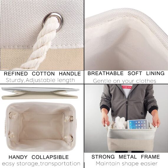 Mangata Große Aufbewahrungsbox 3er Set, Leinenstoff Aufbewahrungskörbe mit Griffen für Schränke, Kleiderschrank, Regale, Badezimmer, Kleidung, Spielzeug, Handtuch (38x28x24cm, Hell Khaki Weiß)