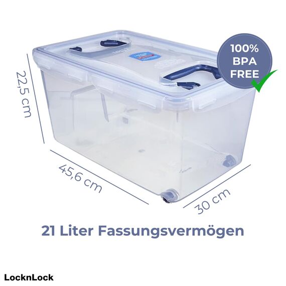 LocknLock PP CLASSIC Aufbewahrungsbox mit Deckel und Griffen | 21 L, 456 x 300 x 225 mm | 100 % Luftdicht | halbtransparenter Vorratsbehälter | Vorratsbehälter mit Deckel für Haushaltsgegenstände