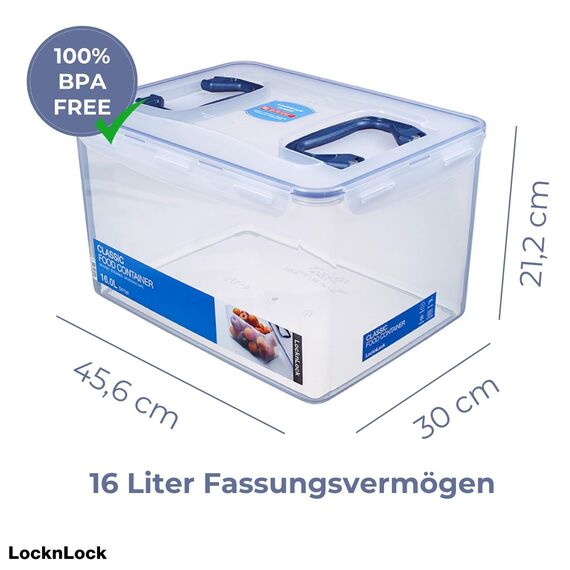LocknLock PP CLASSIC Aufbewahrungsbox mit Deckel und Griffen | 16 L, 361 x 274 x 212 mm | 100 % Luftdicht | halbtransparenter Vorratsbehälter | Vorratsbehälter mit Deckel für Haushaltsgegenstände