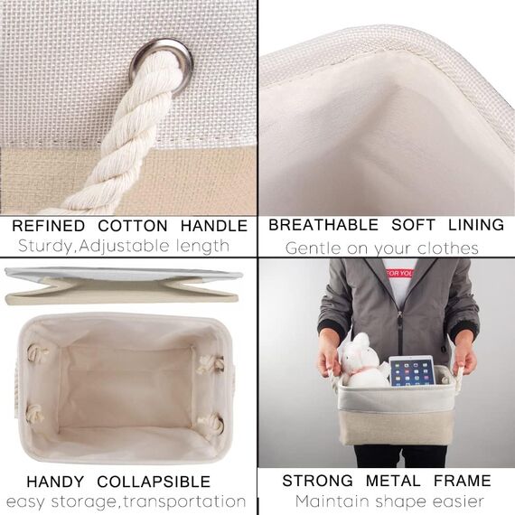 Mangata 3 Stück aufbewahrungskorb Stoff, Kleine aufbewahrungsbox Schrank, Korb aufbewahrung Stoff mit Baumwolle Seil für Spielzeug, kleiderschrank, Regale, Kleidung (Faltbare, Khaki-Weiß)