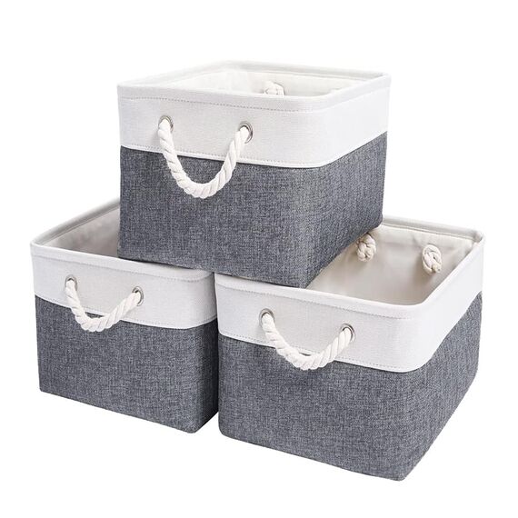 Mangata 3 Stück aufbewahrungskorb Stoff, Faltbare aufbewahrungsbox Schrank, Korb aufbewahrung Stoff mit Baumwolle Seil für Spielzeug, kleiderschrank, Regale, Kleidung (kaltes graues Weiß, groß)