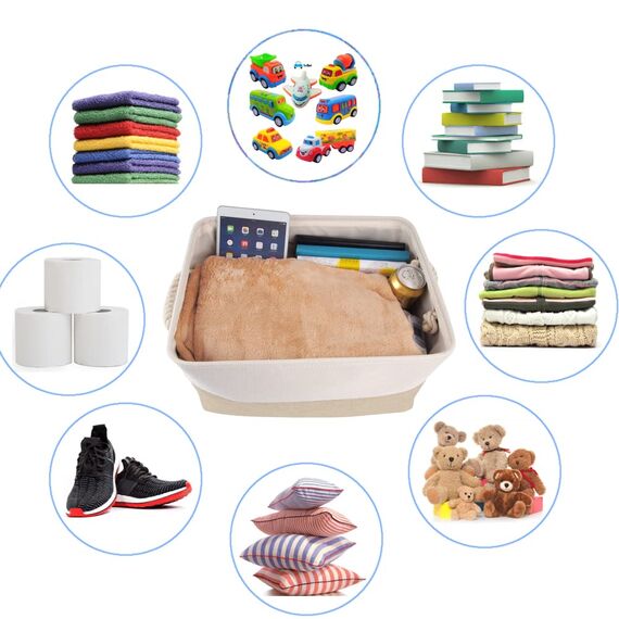 Mangata aufbewahrungskorb Stoff 3 Stück, aufbewahrungsbox groß Schrank, Korb aufbewahrung Stoff mit Seil für Spielzeug, kleiderschrank, Regale, Kleidung (Faltbare, Khaki-Weiß)