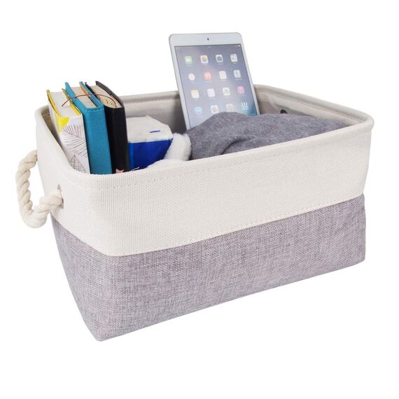 Mangata 3 Stück aufbewahrungskorb Stoff, aufbewahrungsbox Schrank, Korb aufbewahrung Stoff mit Seil für Spielzeug, kleiderschrank, Regale, Kleidung (Faltbare, Mittel, Grau Weiß)