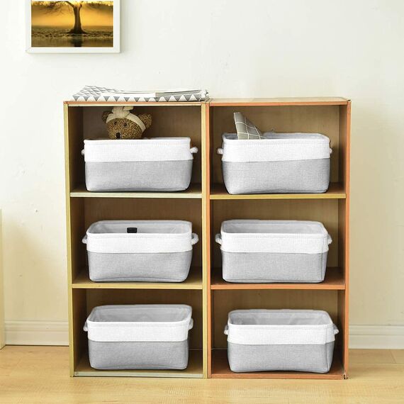 Mangata Große Aufbewahrungsbox 3er Set, Leinenstoff Aufbewahrungskörbe mit Griffen für Schränke, Kleiderschrank, Regale, Badezimmer, Kleidung, Spielzeug, Handtuch (38x28x24cm, Grau Weiß)