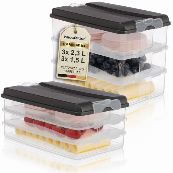 Hausfelder Aufschnittdosen für Kühlschrank, Aufschnittbox stapelbar, Kühlschrank Organizer mit Deckel (Anthrazit, 3x2,3L + 3x1,5L)