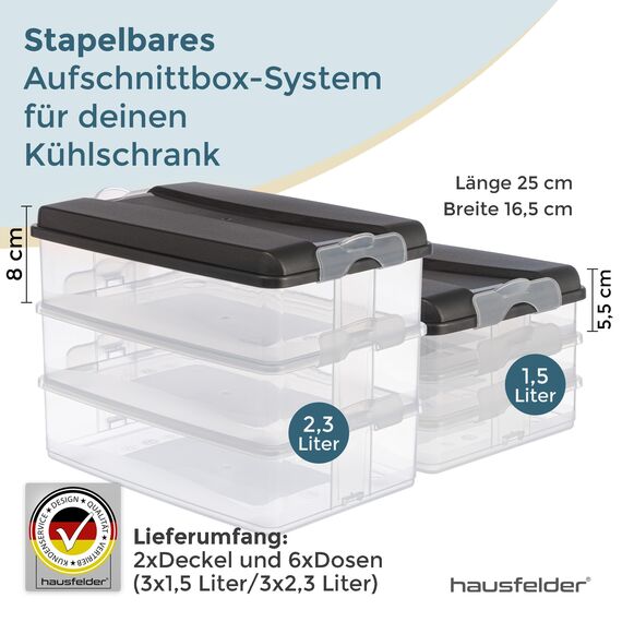Hausfelder Aufschnittdosen für Kühlschrank, Aufschnittbox stapelbar, Kühlschrank Organizer mit Deckel (Anthrazit, 3x2,3L + 3x1,5L)