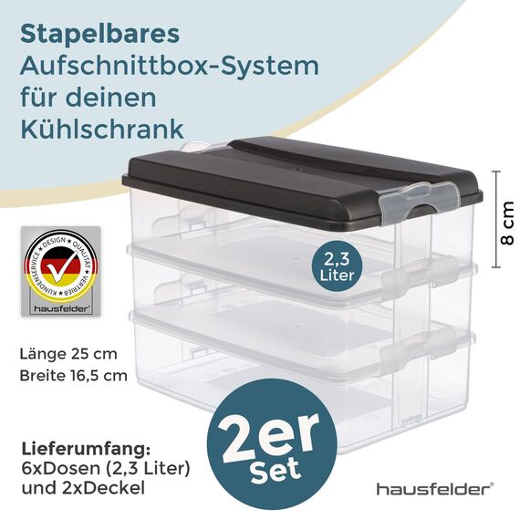 Hausfelder Kühlschrank Organizer Aufschnittdosen – Ordnung und Lebensmittelaufbewahrung, Frischhalteschalen mit Deckel, stapelbar, längliche Dose mit Deckel, Anthrazit 6x2,3L