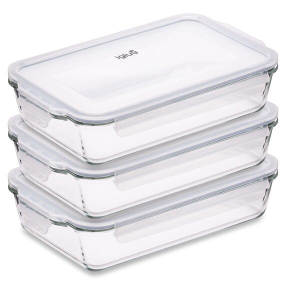Igluu Meal Prep Lasagne-Auflaufform mit BPA-freiem Schnappverschluss-Deckel 2,2 Liter (3-teilig) – rechteckige, robustes Borosilikatglasform – ofen-, mikrowellen-, gefrier- & spülmaschinengeeignet