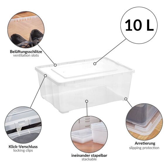 Grizzly Aufbewahrungsboxen 5 x 10 L mit Deckel transparent - Klarsichtboxen stapelbar mit Belüftung