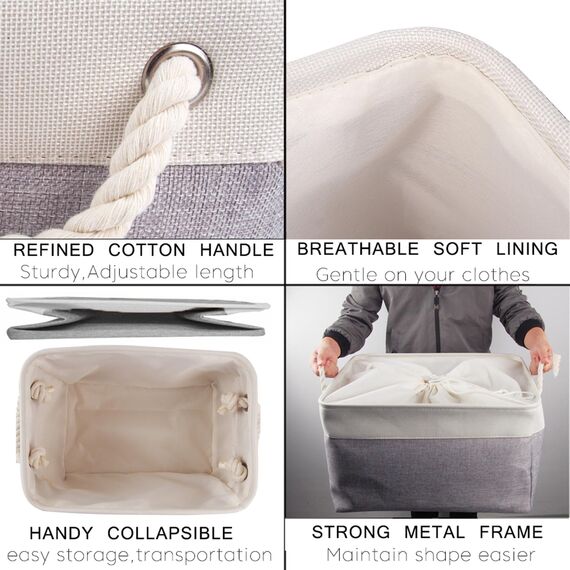 Mangata 3 Stück aufbewahrungskorb Stoff, aufbewahrungsbox groß Schrank, Korb aufbewahrung Stoff mit Seil für Spielzeug, kleiderschrank, Regale, Kleidung (Faltbare,XXL, Grau Weiß)