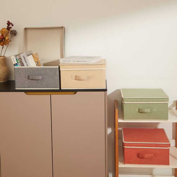 BrilliantJo Aufbewahrungsboxen mit Deckel, Faltbarer Aufbewahrungskorb für Kleidung mit Griff für Spielzeug, Bücher, Schrank, Schlafzimmer, Zuhause, 4-Farbige-Set 33,5 x 31,75 x 17,5 cm