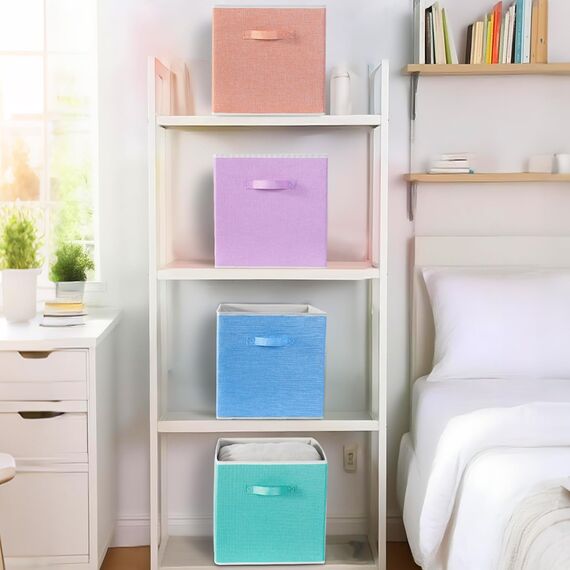 BrilliantJo Aufbewahrungsbox aus Stoff in 4er Set, 33 x 38 x 33 cm Faltbare Aufbewahrungskiste mit Griffe Ordnungssystem Korb für Schrank Regal Spind 4-Regenbogenfarben-Set