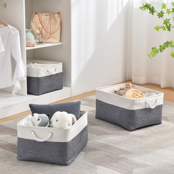 Mangata 3 Stück aufbewahrungskorb Stoff, Faltbare aufbewahrungsbox Schrank, Korb aufbewahrung Stoff mit Baumwolle Seil für Spielzeug, kleiderschrank, Regale, Kleidung (kaltes graues Weiß, groß)
