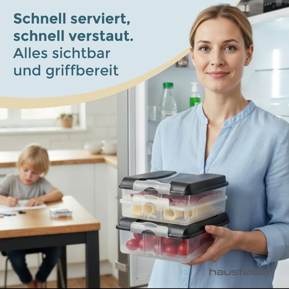 Hausfelder Aufschnittdosen für Kühlschrank, Aufschnittbox stapelbar, Kühlschrank Organizer mit Deckel (Anthrazit, 3x2,3L + 3x1,5L)