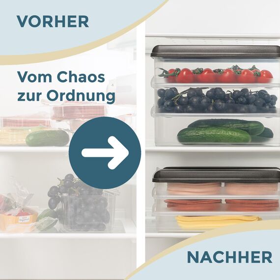 Hausfelder Aufschnittdosen für Kühlschrank, Aufschnittbox stapelbar, Kühlschrank Organizer mit Deckel (Anthrazit, 8-teilig)