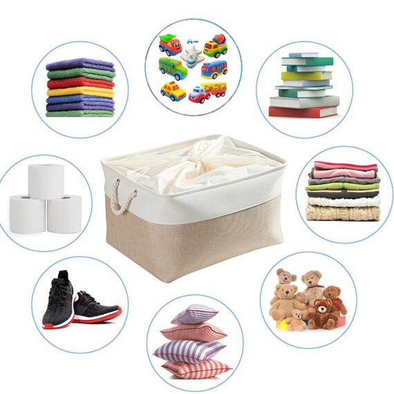 Mangata 3 Stück aufbewahrungskorb Stoff, aufbewahrungsbox groß Schrank, Korb aufbewahrung Stoff mit Seil für Spielzeug, kleiderschrank, Regale, Kleidung (Faltbare,XXL, Khaki-Weiß)