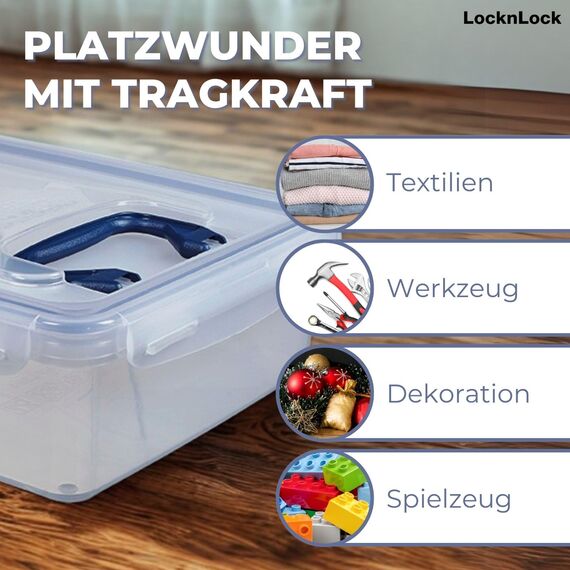 LocknLock PP CLASSIC Aufbewahrungsbox mit Deckel und Griffen | 10 L, 456 x 300 x 110 mm | 100 % Luftdicht | halbtransparenter Vorratsbehälter | Vorratsbehälter mit Deckel für Haushaltsgegenstände