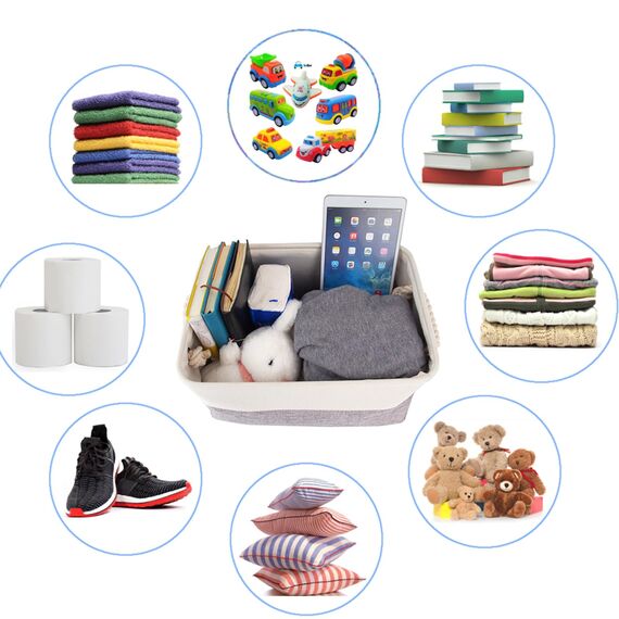 Mangata 3 Stück aufbewahrungskorb Stoff, aufbewahrungsbox Schrank, Korb aufbewahrung Stoff mit Seil für Spielzeug, kleiderschrank, Regale, Kleidung (Faltbare, Mittel, Grau Weiß)