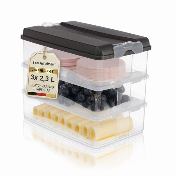 Hausfelder Kühlschrank Aufschnitt Box stapelbar 3x2,3L - Aufschnittdose & Käsedose mit Deckel, Aufbewahrung Kühlschrank Wurst Käse, Frischhaltedosen (Anthrazit)