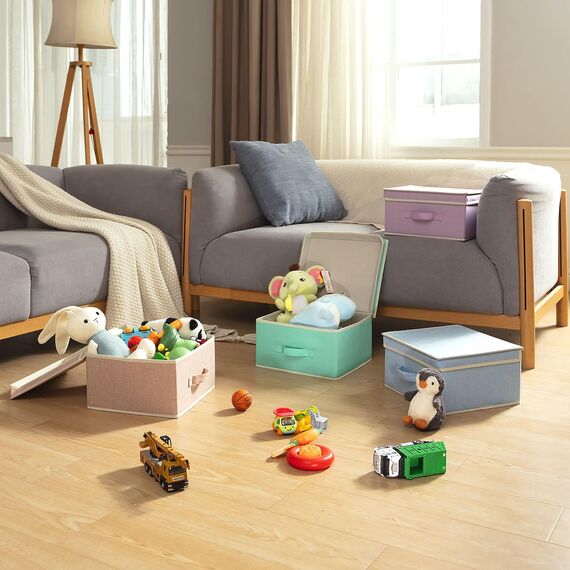 BrilliantJo Aufbewahrungsboxen mit Deckel, Faltbarer Aufbewahrungskorb für Kleidung mit Griff für Spielzeug, Bücher, Schrank, Schlafzimmer, Zuhause, 4-Regenbogenfarben-Set 33,5 x 31,75 x 17,5 cm