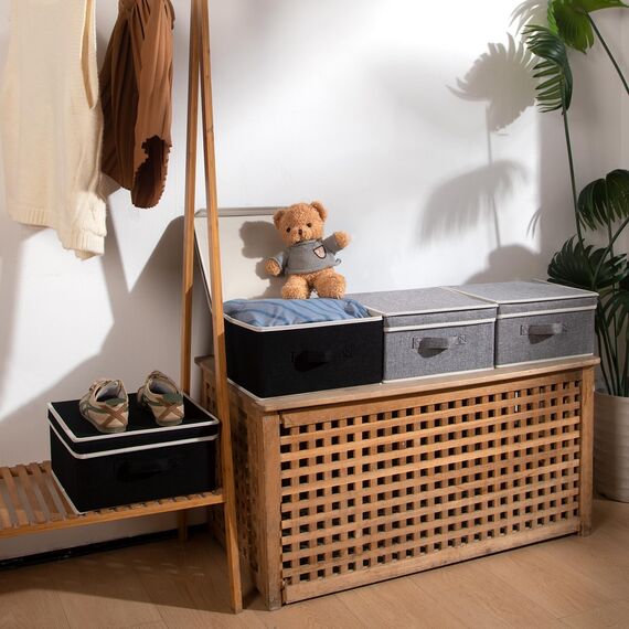 BrilliantJo Aufbewahrungsboxen mit Deckel, Faltbarer Aufbewahrungskorb für Kleidung mit Griff für Spielzeug, Bücher, Schrank, Schlafzimmer, Zuhause, Schwarz+Grau Set 33,5 * 31,75 * 17,5 cm