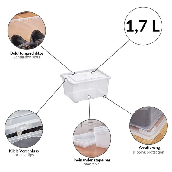 Grizzly Kleine Aufbewahrungsbox mit Deckel, 1,7 L transparente Box, 12er Set, belüftet, stapelbar, ideale Organizer-Boxen mit Belüftung