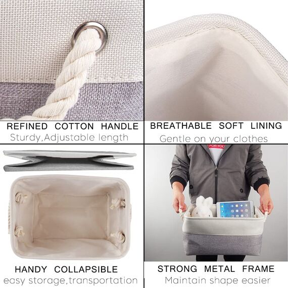 Mangata Große Aufbewahrungsbox 3er Set, Leinenstoff Aufbewahrungskörbe mit Griffen für Schränke, Kleiderschrank, Regale, Badezimmer, Kleidung, Spielzeug, Handtuch (38x28x24cm, Grau Weiß)