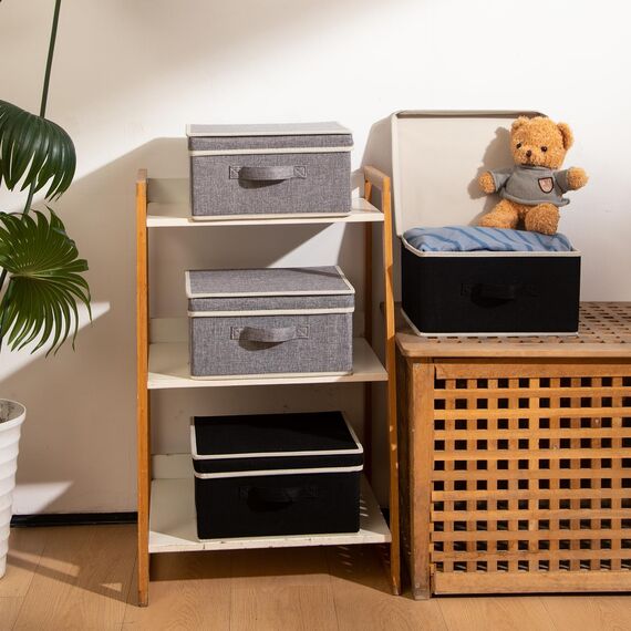 BrilliantJo Aufbewahrungsboxen mit Deckel, Faltbarer Aufbewahrungskorb für Kleidung mit Griff für Spielzeug, Bücher, Schrank, Schlafzimmer, Zuhause, Schwarz+Grau Set 33,5 * 31,75 * 17,5 cm