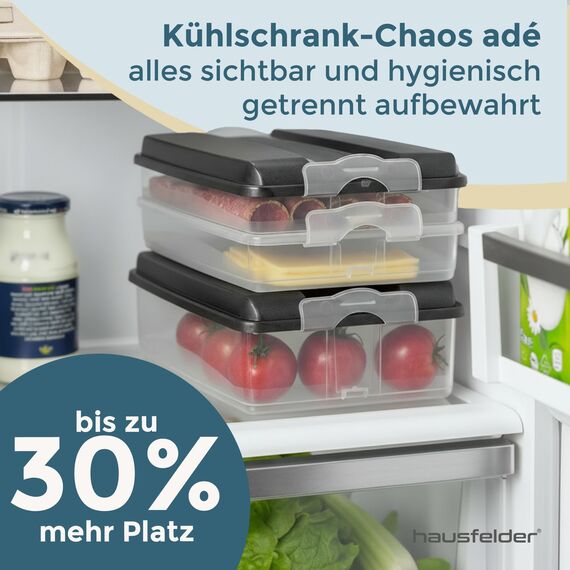 Hausfelder Aufschnittdosen für Kühlschrank, Aufschnittbox stapelbar, Kühlschrank Organizer mit Deckel (Anthrazit, 3x2,3L + 3x1,5L)