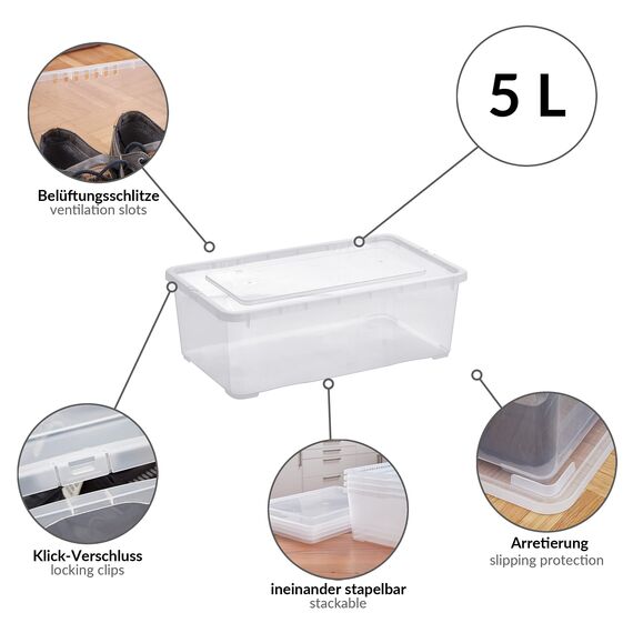 Grizzly Aufbewahrungsboxen 5 x 5 L mit Deckel transparent - Klarsichtboxen stapelbar mit Belüftung