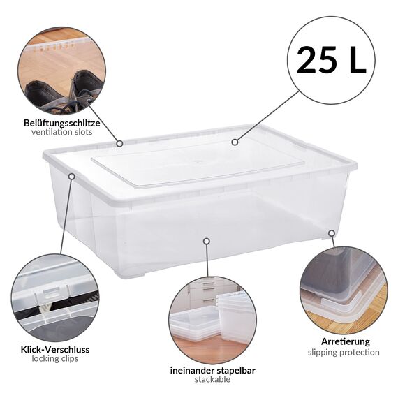 Grizzly Aufbewahrungsboxen 5 x 25 L large mit Deckel transparent - Klarsichtboxen stapelbar mit Belüftung