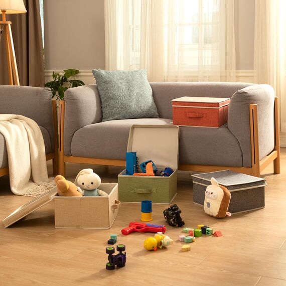 BrilliantJo Aufbewahrungsboxen mit Deckel, Faltbarer Aufbewahrungskorb für Kleidung mit Griff für Spielzeug, Bücher, Schrank, Schlafzimmer, Zuhause, 4-Farbige-Set 33,5 x 31,75 x 17,5 cm